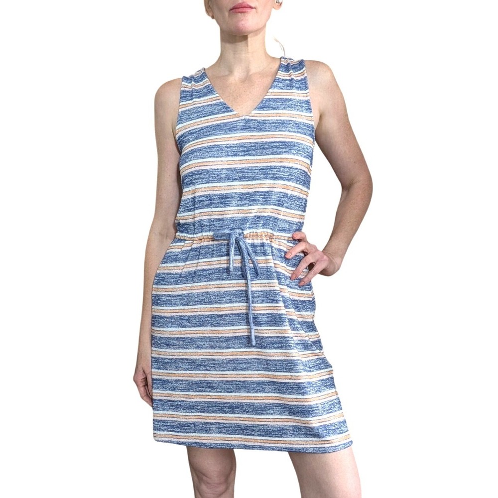 Market & Spruce Striped Knit Dress Sleeveless Drawstring Waist Pockets Coastal S - Picture 2 of 13